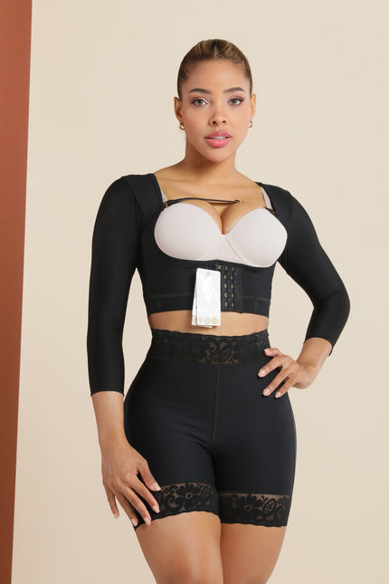 Arm Sculpt Recovery Sleeves by ÉVORAUK Shapewear London, post-surgery compression garment for arm liposuction recovery, front view.