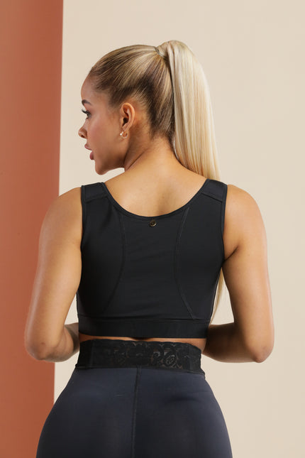 Front view of ÉVORAUK Shapewear London Comfort Plus post-surgery bra for Stage 1 breast recovery with soft compression and front closure.