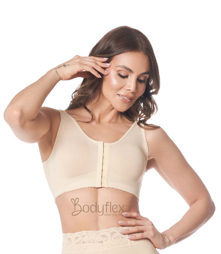 Mid-support post-surgery bra with front closure by ÉVORAUK Shapewear London, designed for breast surgery recovery and medium compression support.
