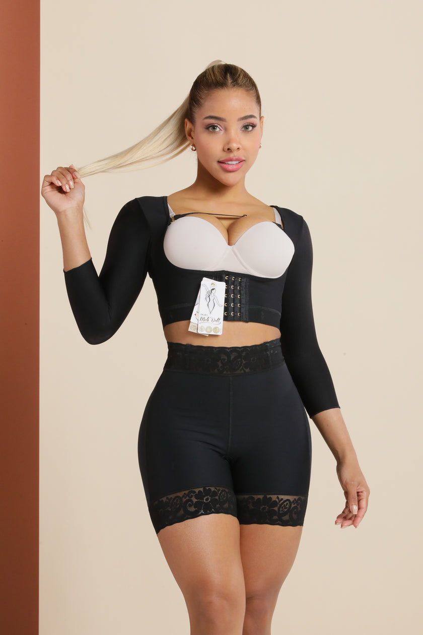 Back view of ÉVORAUK London arm compression sleeves designed for post-surgical recovery and upper-body contouring.