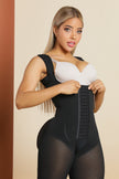 Detail of Premium Stage 2 knee-length faja by ÉVORA London showing medical-grade Powernet and anti-roll support.