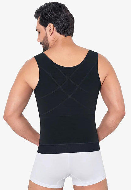EVORAUK Back view of MariaE men’s compression vest smoothing back rolls and improving posture under clothing.