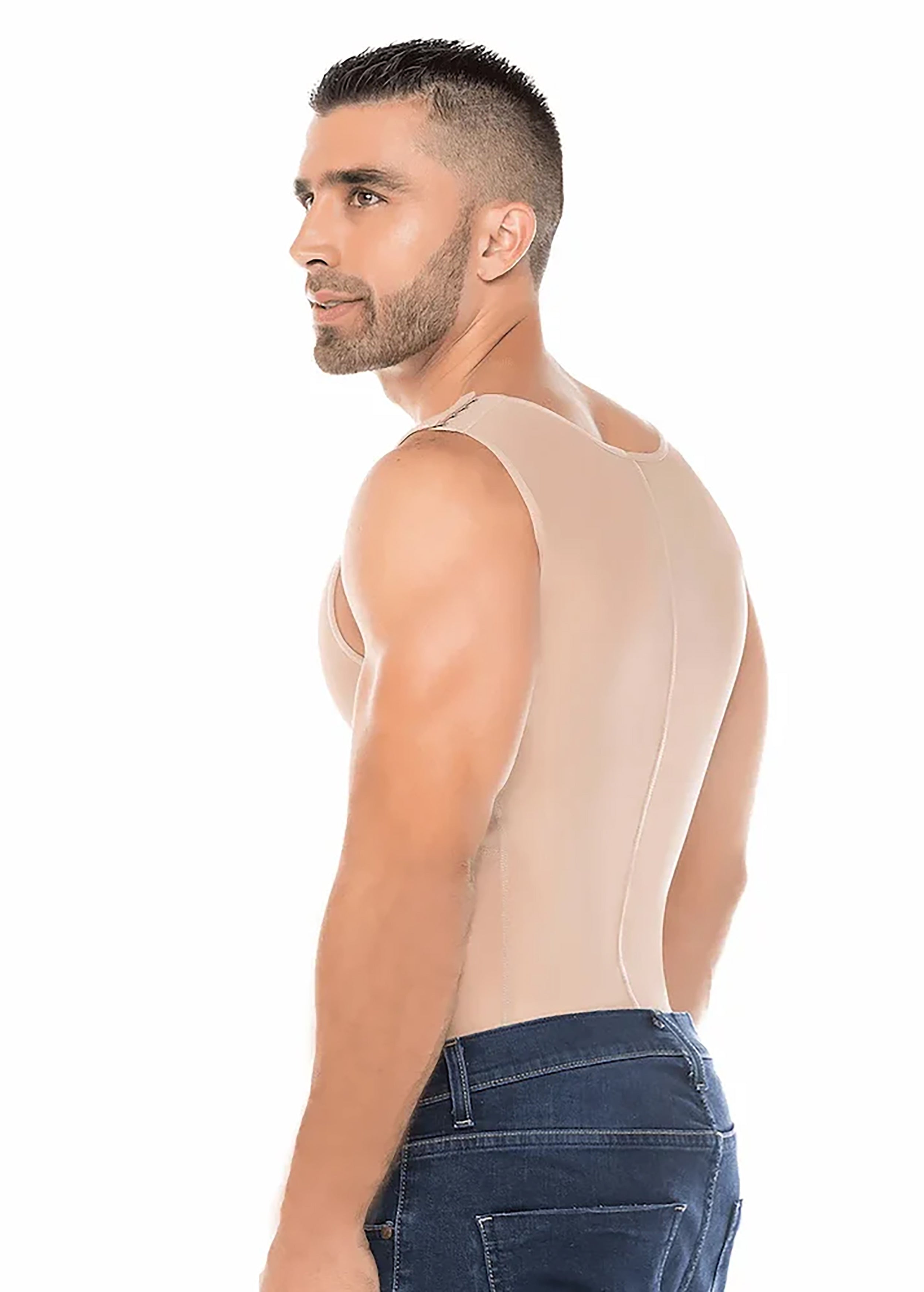 EVORAUK Back view of men’s high-compression shapewear vest smoothing back rolls and defining the torso.