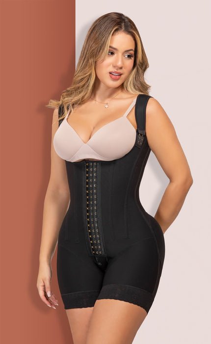 Front view of Coral Stage 3 BBL-friendly compression faja by ÉVORA Shapewear London with targeted waist, abdomen and back support.